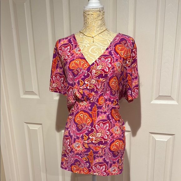 Chaps Tops - Fun and Trendy Chaps Pink and Orange Wrap Blouse Short Sleeve 2X